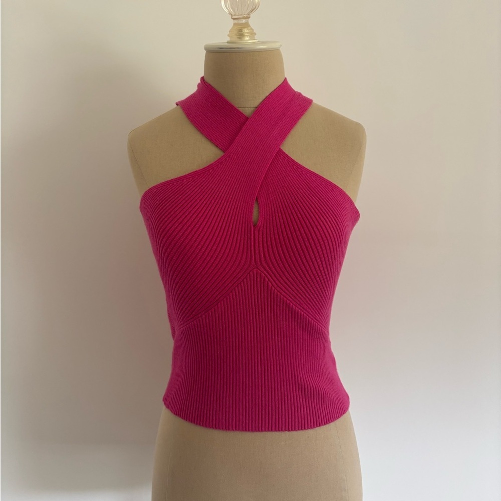Lena Ribbed Cropped Top Cross Neck Pink M